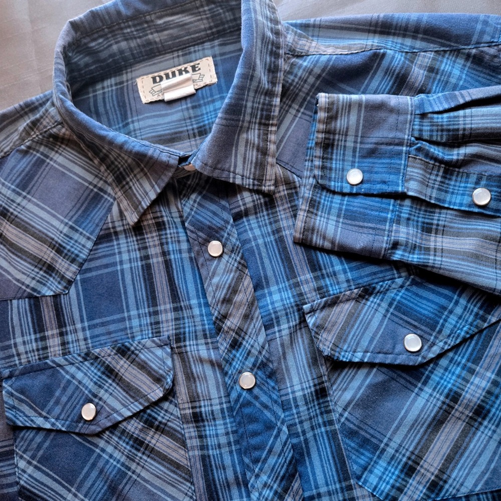 Duke Haband Mens Blue Plaid Long Sleeve Western‎ Cowboy Pearl Snap Shirt Size M